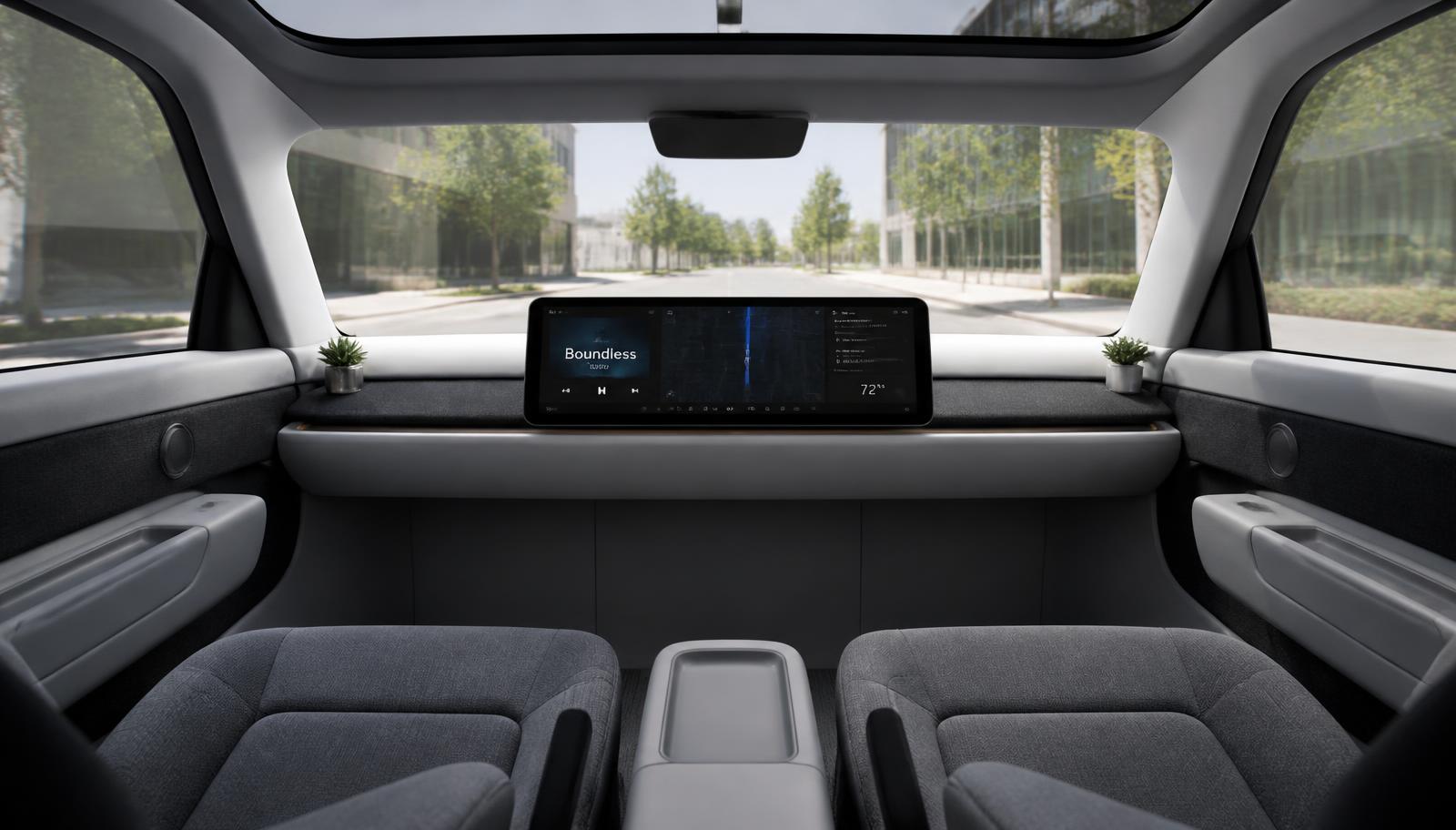 Two-seat cabin with a single wide screen and no steering wheel