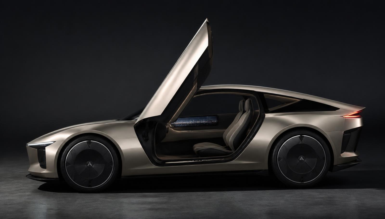 Two-seat autonomous robotaxi in profile with the door raised